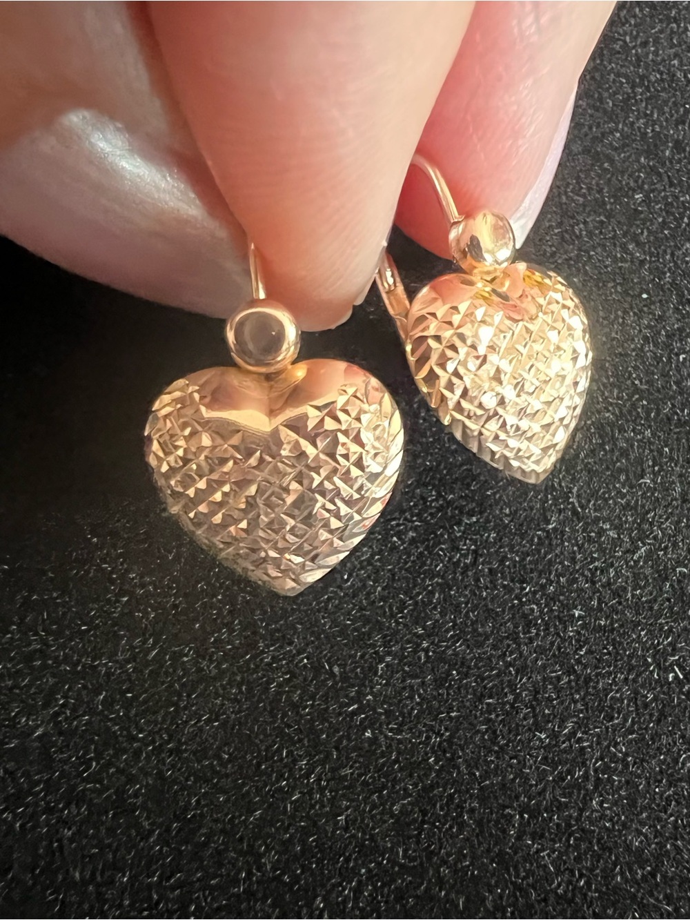 14k Solid Rose Gold Textured Heart Earrings - Picture 12 of 13